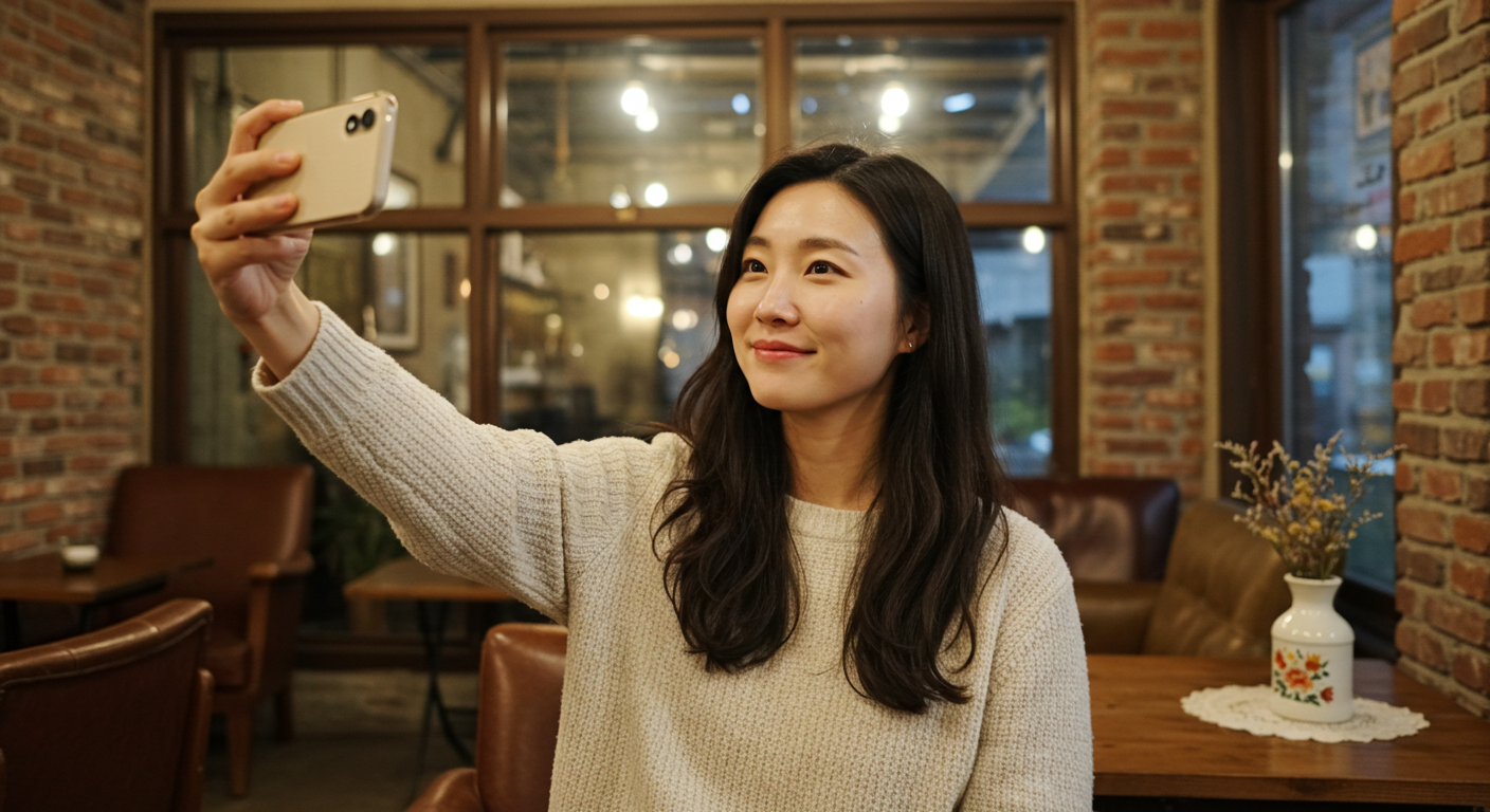 밀레니얼 여성이 카페에서 셀카를 찍는 모습