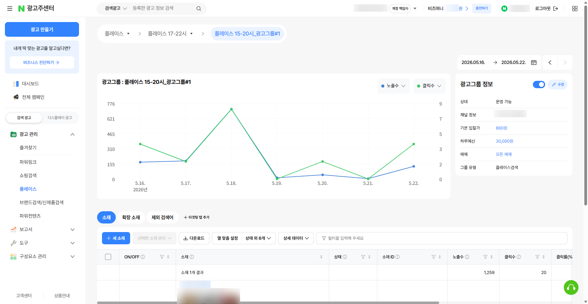 광고그룹 상세 - 입찰가·예산·소재 + 노출·클릭 추이 차트