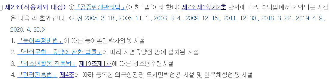 공중위생관리법 시행령 제2조 제1항. 숙박업에서 제외되는 시설로 농어촌민박사업용 시설, 자연휴양림 안 시설, 청소년수련시설, 외국인관광 도시민박업·한옥체험업 시설 네 가지가 나와 있다