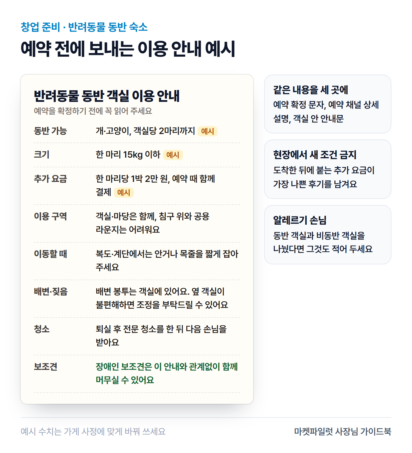 반려동물 동반 객실 이용 안내 예시. 동반 가능 동물과 마릿수, 크기, 추가 요금, 이용 구역, 복도·계단 이동, 배변·짖음, 청소, 보조견 안내 항목이 표로 정리돼 있다