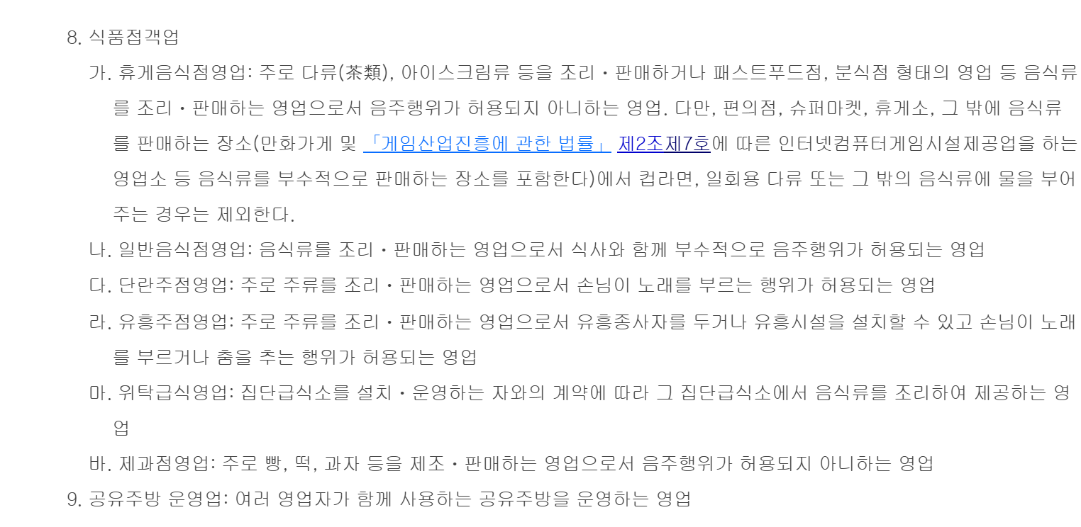 식품위생법 시행령 제21조 제8호 식품접객업 조문. 휴게음식점영업은 음주행위가 허용되지 않는 영업, 일반음식점영업은 식사와 함께 부수적으로 음주행위가 허용되는 영업, 제과점영업은 빵·떡·과자를 제조·판매하며 음주행위가 허용되지 않는 영업