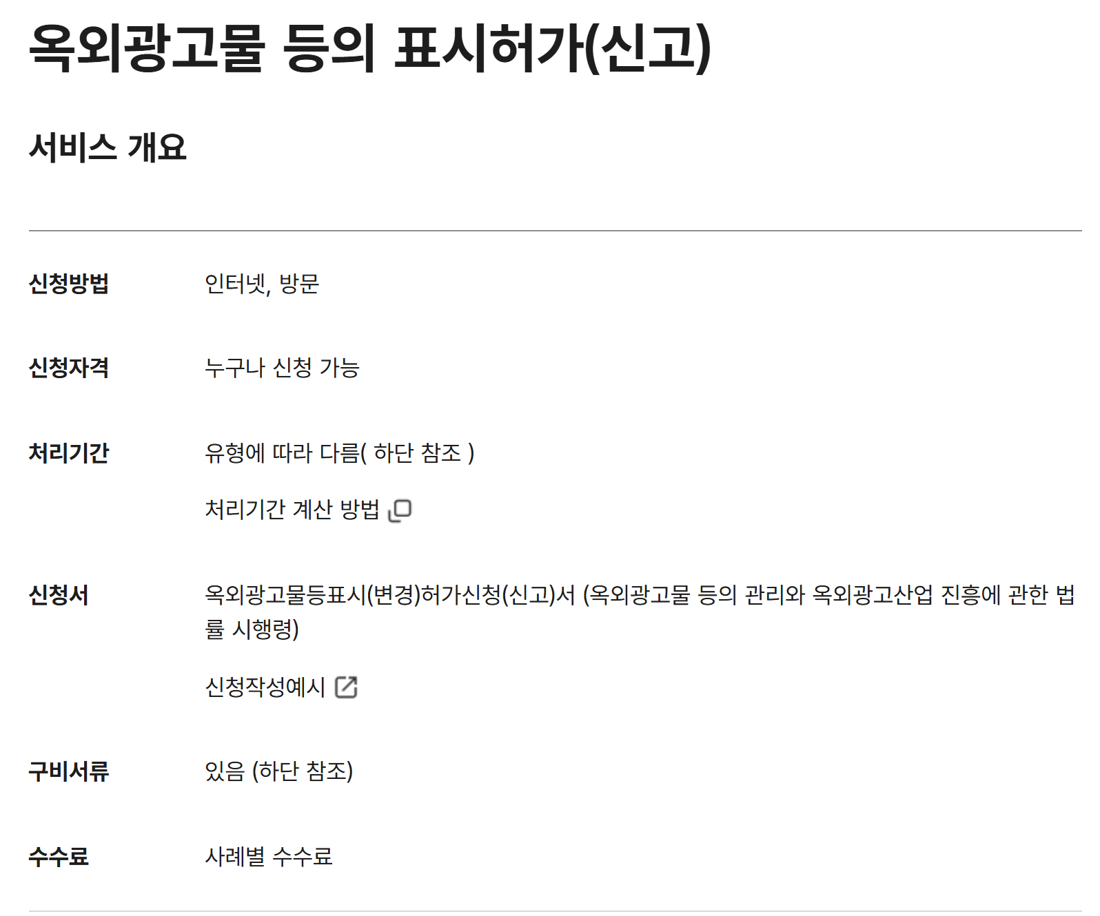 정부24 옥외광고물 등의 표시허가(신고) 서비스 개요. 신청방법 인터넷·방문, 누구나 신청 가능, 처리기간 유형에 따라 다름, 신청서 옥외광고물등표시(변경)허가신청(신고)서, 수수료 사례별 수수료