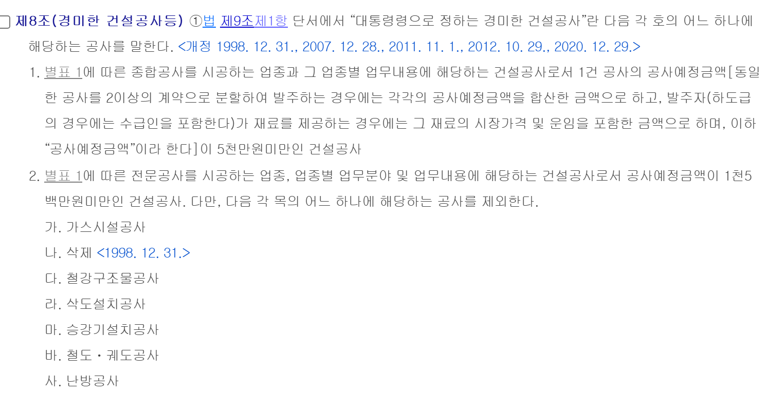 건설산업기본법 시행령 제8조 경미한 건설공사. 종합공사는 공사예정금액 5천만원 미만, 전문공사는 1천5백만원 미만이면 등록 없이 시공할 수 있고 가스시설·철강구조물·삭도·승강기·철도궤도·난방공사는 제외. 같은 공사를 나눠 계약하면 금액을 합산하고 발주자가 재료를 대면 재료의 시장가격과 운임을 포함