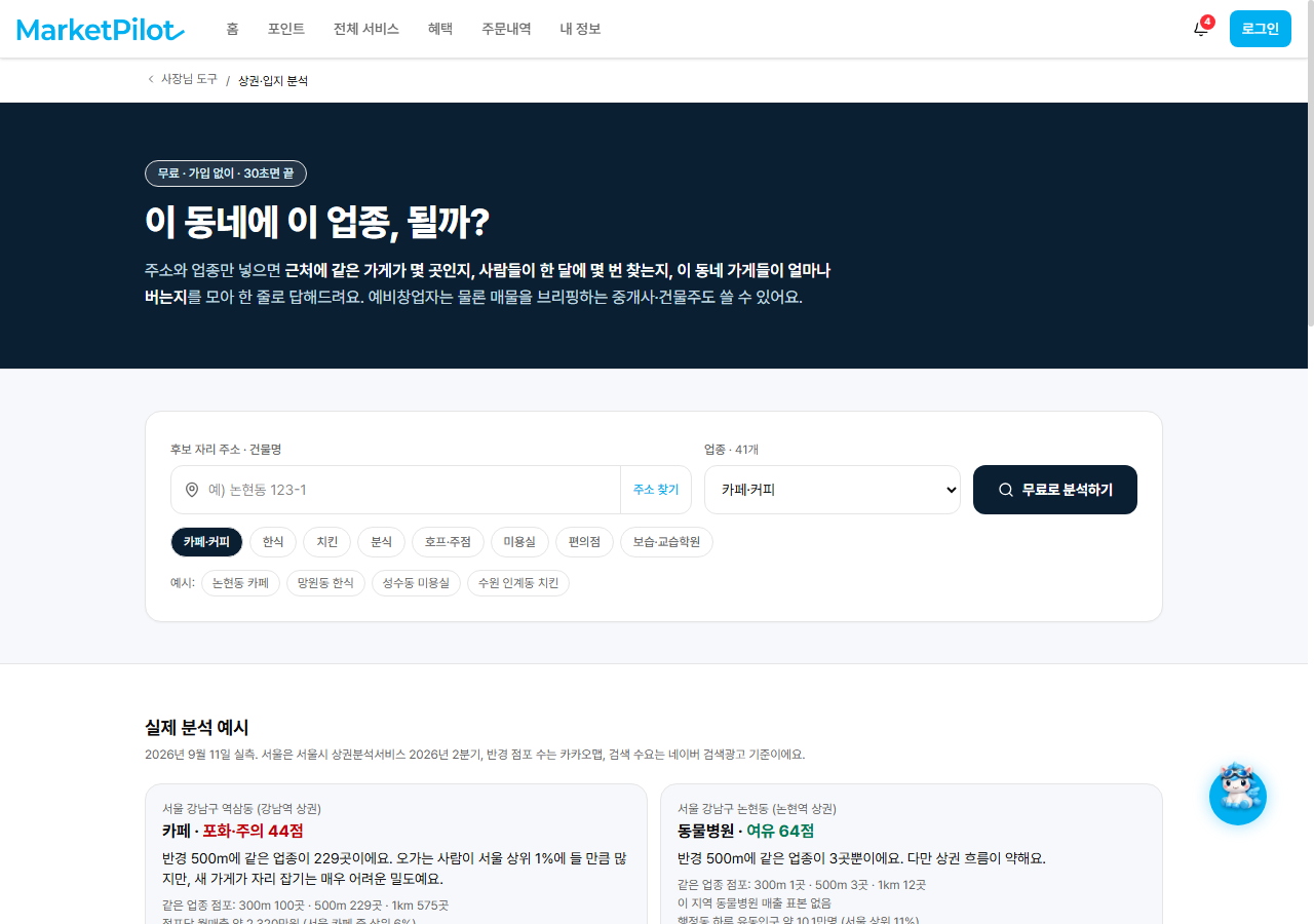 마켓파일럿 상권·입지 분석 도구 화면. 주소·건물명 입력칸과 업종 선택, 무료로 분석하기 버튼이 있고 아래에 강남역 상권 카페 포화·주의 44점 같은 실제 분석 예시가 보인다