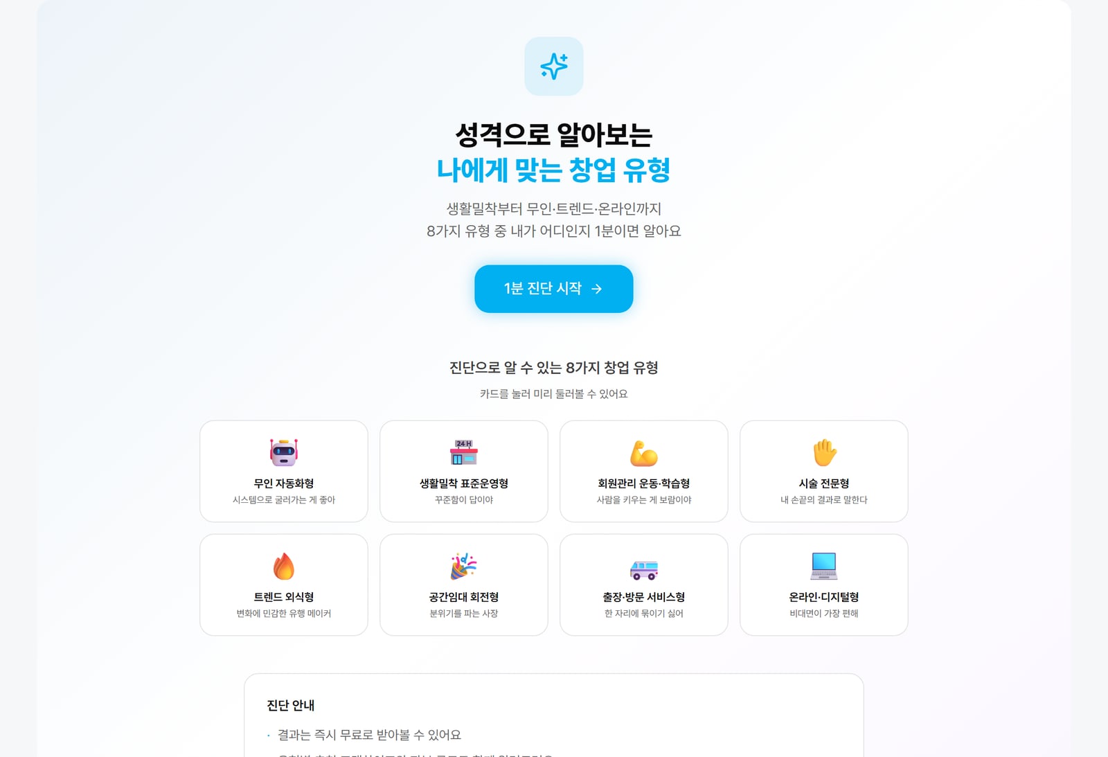 프랜차이즈 유형 진단 화면. 성격 문답으로 8가지 창업 유형 중 어디에 맞는지 알려줘요.