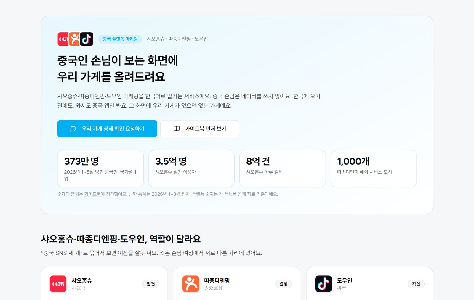 도우인 왕홍 영상은 중국 플랫폼 마케팅 주문 화면에서 골라요. 샤오홍슈·따종디엔핑 상품과 한 화면에 있어요