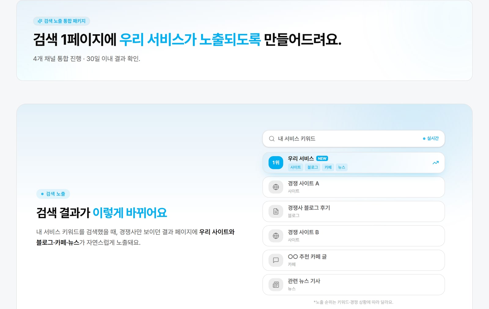 웹 통합 패키지 주문 화면. 고를 수 있는 상품과 단가가 로그인 없이 그대로 보여요