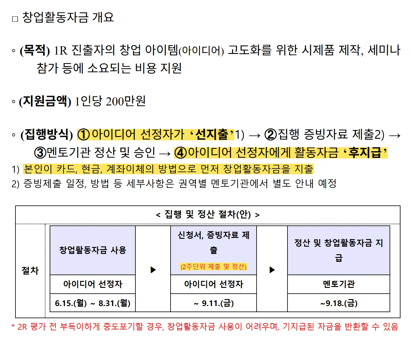 모두의 창업(로컬트랙) 창업활동자금 안내사항 개요 원문 캡처: 로컬 1기 안내자료의 집행방식이에요. 본인이 카드·현금·계좌이체로 먼저 쓰고(선지출), 증빙을 내면 멘토기관이 정산해 후지급했어요. 1기 일정은 사용 6.15~8.31, 증빙 제출 ~9.11, 지급 ~9.18이었어요.
