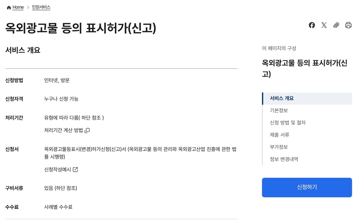 정부24의 옥외광고물 등의 표시허가(신고) 안내 화면으로, 신청방법 인터넷·방문, 신청자격 누구나, 수수료는 사례별이라고 적혀 있어요
