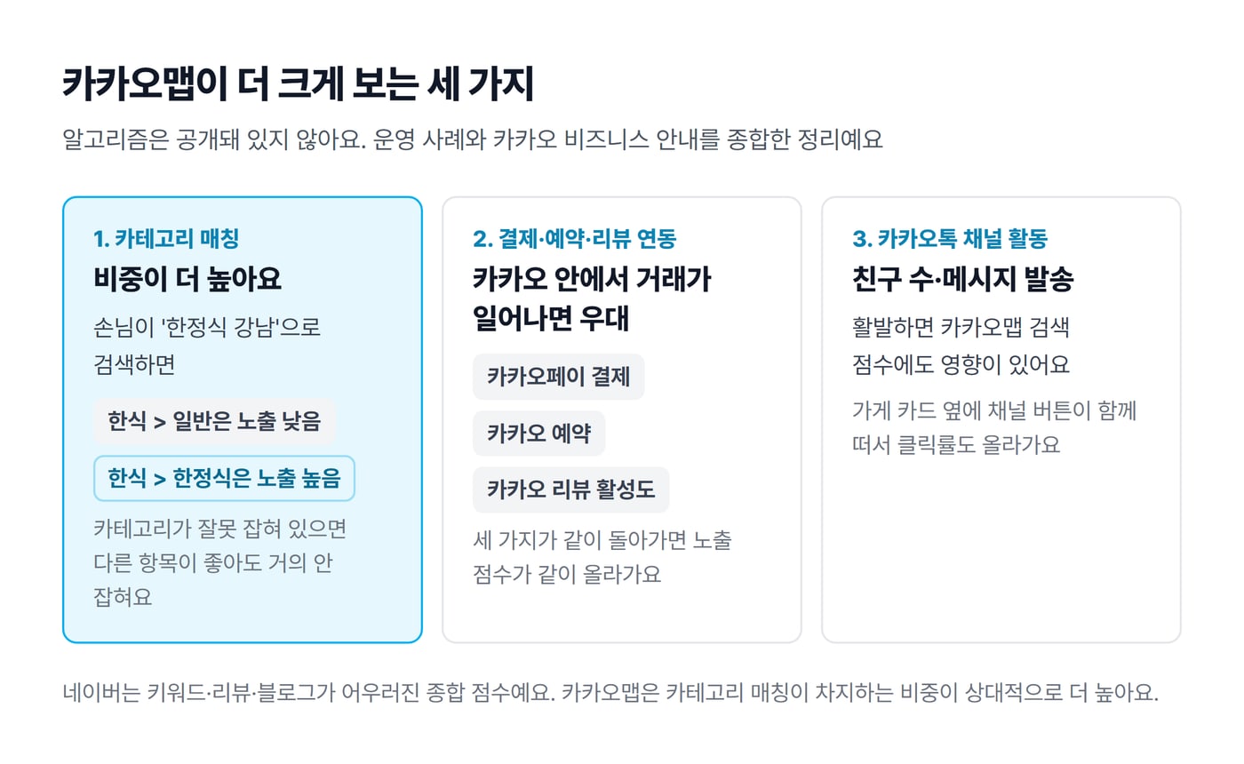 카카오맵 검색에서 더 크게 작용하는 카테고리 매칭, 결제·예약·리뷰 연동, 카카오톡 채널 활동 세 가지를 정리한 그림이에요.