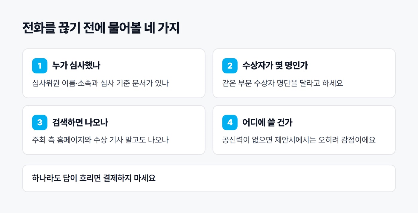 전화를 끊기 전에 물어볼 네 가지를 카드로 정리한 그림. 누가 심사했나, 수상자가 몇 명인가, 검색하면 나오나, 어디에 쓸 건가