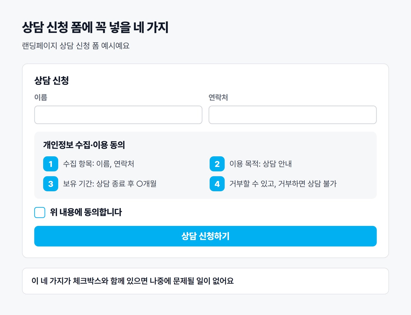 랜딩페이지 상담 신청 폼 예시. 이름과 연락처 칸 아래에 수집 항목, 이용 목적, 보유 기간, 거부할 권리와 불이익 네 가지가 적힌 동의 상자와 체크박스, 상담 신청 단추가 있다
