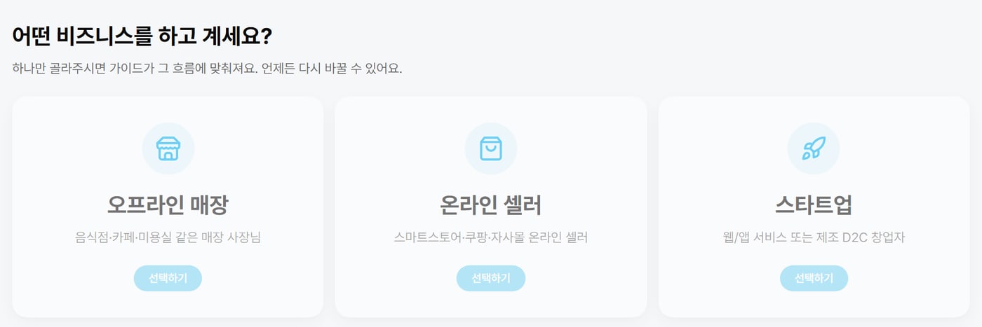 오프라인 매장, 온라인 셀러, 스타트업 카드 세 장이 나란히 있는 마켓파일럿 가이드 홈의 비즈니스 고르기 화면이에요