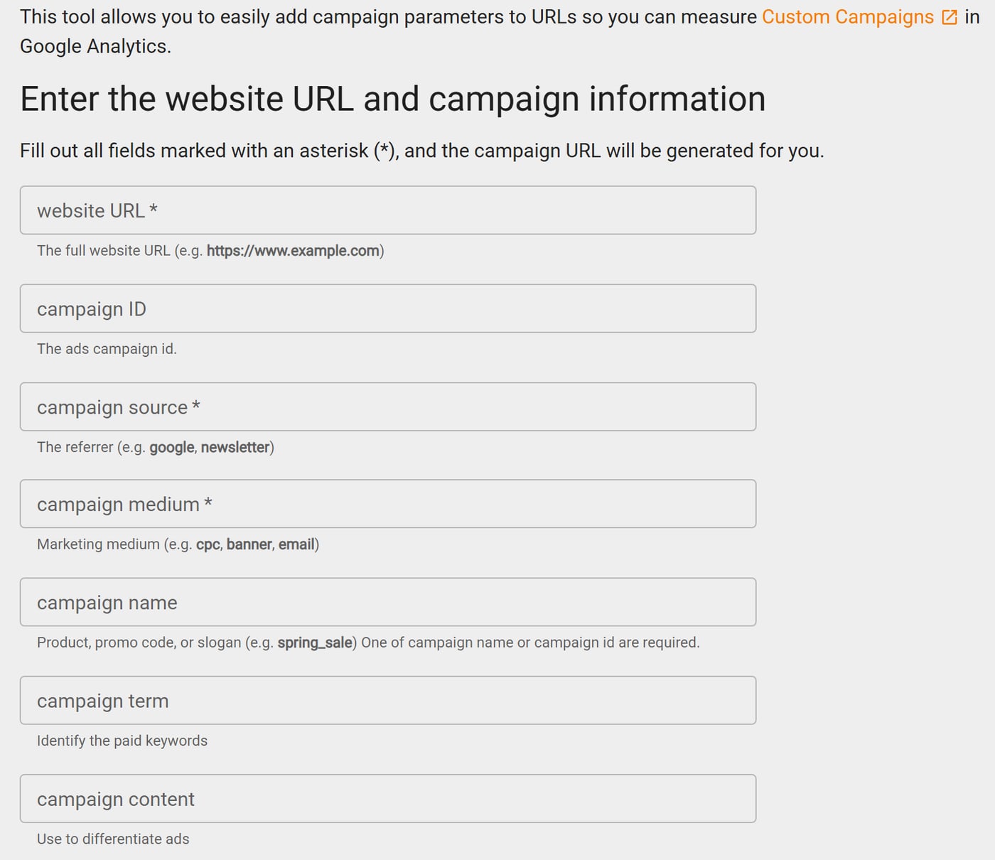 구글 애널리틱스 Campaign URL Builder 화면으로, website URL, campaign ID, source, medium, name, term, content 칸이 차례로 있어요