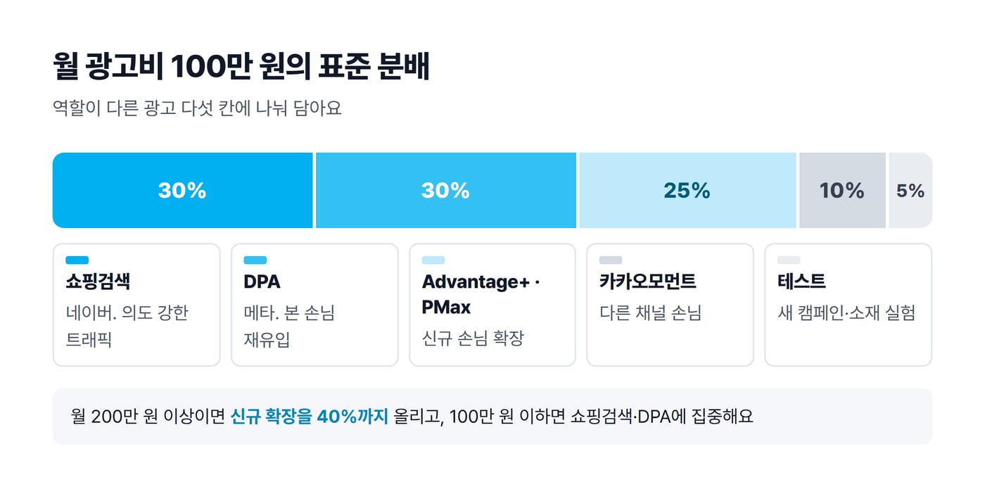 월 광고비 100만 원을 쇼핑검색 30%, DPA 30%, Advantage+·PMax 25%, 카카오모먼트 10%, 테스트 5%로 나눈 막대 그림이에요.