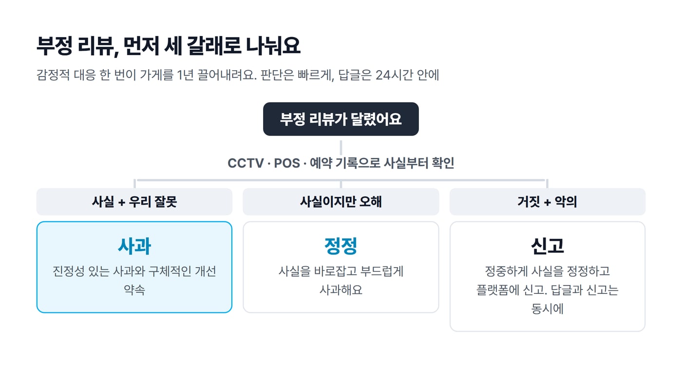 부정 리뷰가 달리면 사실부터 확인하고 사과, 정정, 신고 세 갈래로 나누는 흐름 그림이에요.