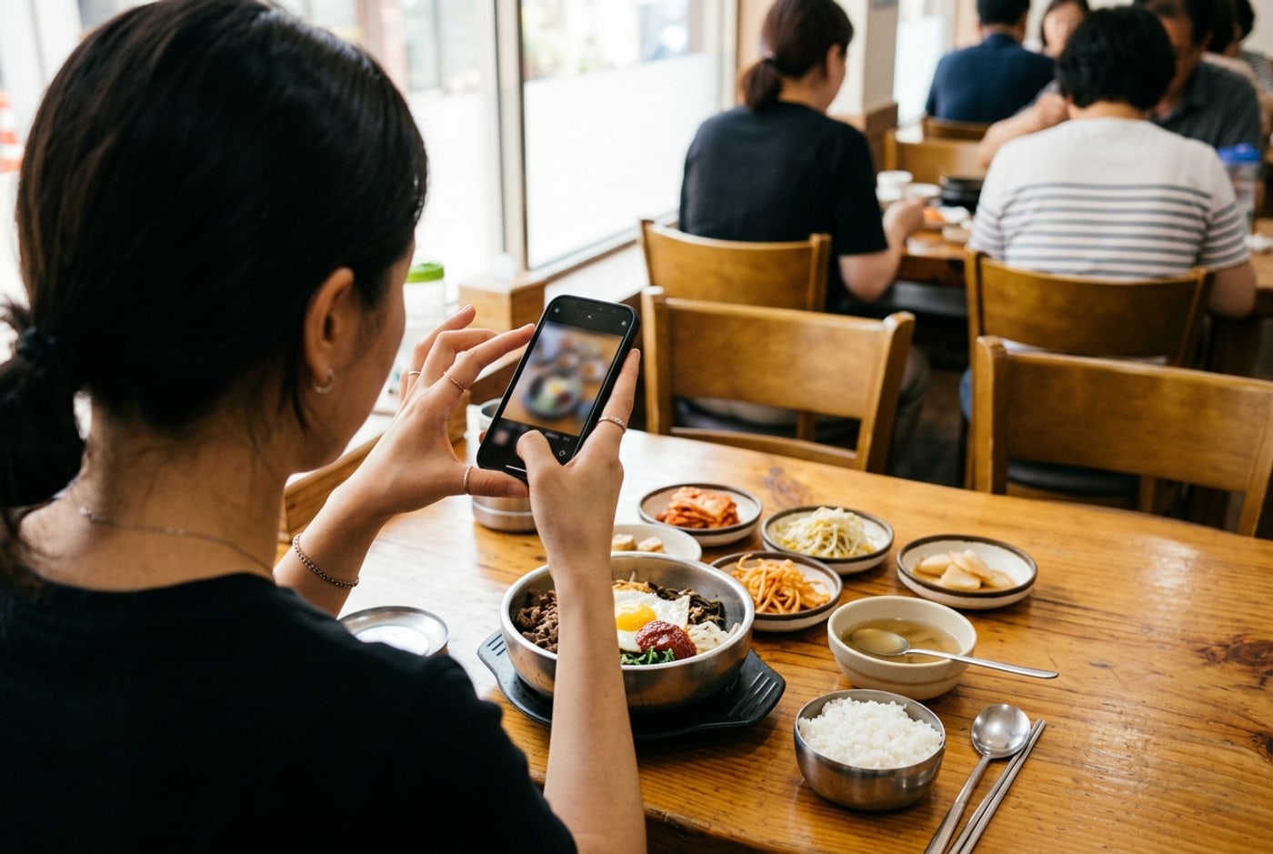 식당 창가 자리에서 체험단 손님이 휴대폰으로 비빔밥과 반찬 한 상을 찍는 모습이에요.
