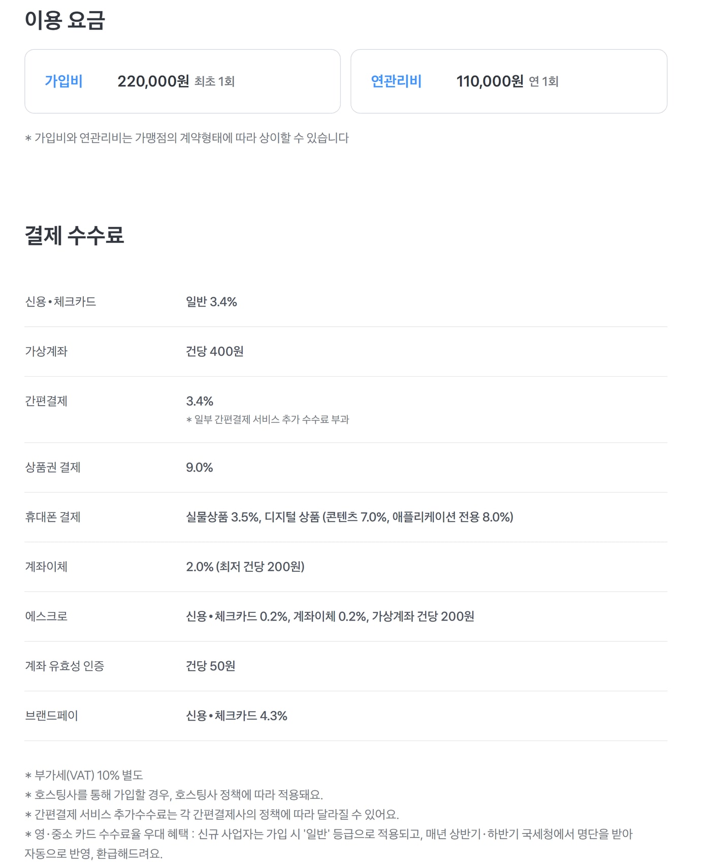 토스페이먼츠 이용요금 안내에서 가입비, 연관리비, 카드·계좌이체·가상계좌·에스크로 수수료를 적은 요금표 화면이에요.