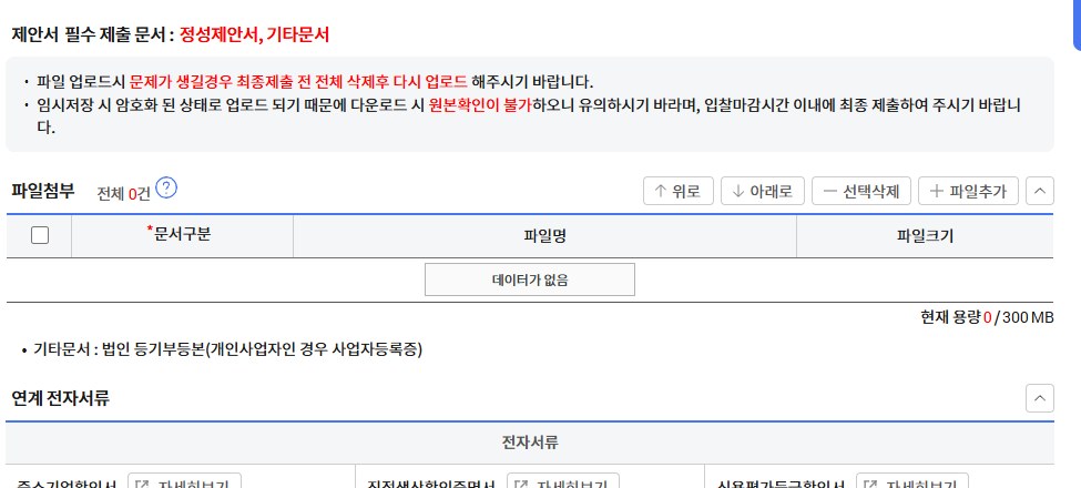 제안서 등록 화면. 맨 위에 제안서 필수 제출 문서: 정성제안서, 기타문서가 빨간 글자로 나와 있고, 파일 업로드에 문제가 생기면 최종제출 전 전체 삭제 후 다시 올리라는 안내와 임시저장 시 암호화된 상태로 올라가 다운로드해도 원본 확인이 안 된다는 안내가 있다. 아래 파일첨부 표에는 문서구분, 파일명, 파일크기 칸과 현재 용량 0/300MB, 기타문서는 법인 등기부등본이라는 설명, 연계 전자서류 칸이 있다