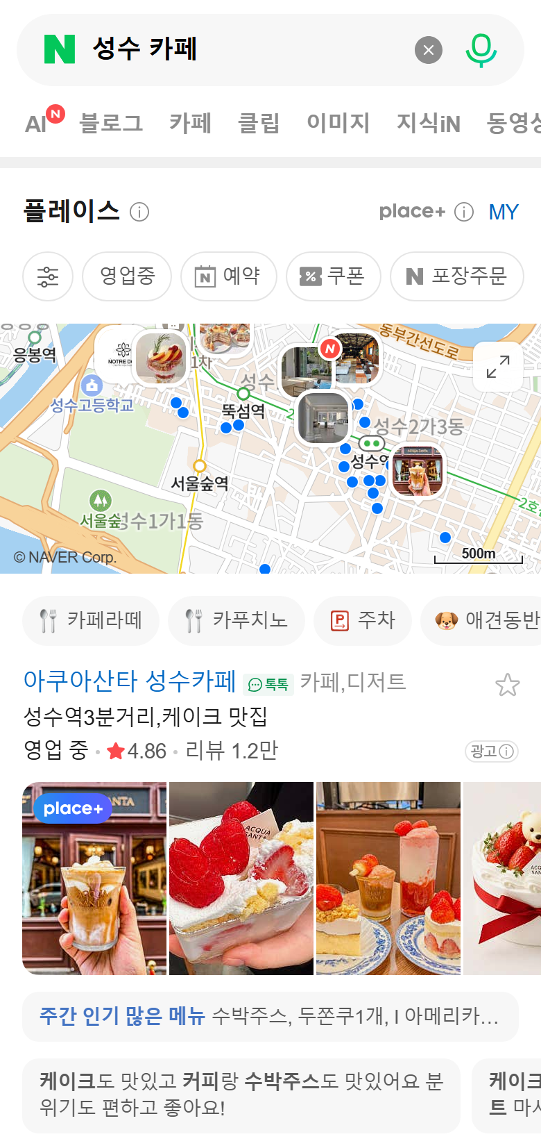 在Naver移动端搜索“성수 카페”（圣水咖啡馆）的结果：顶部是Place板块、地图和第一家店铺